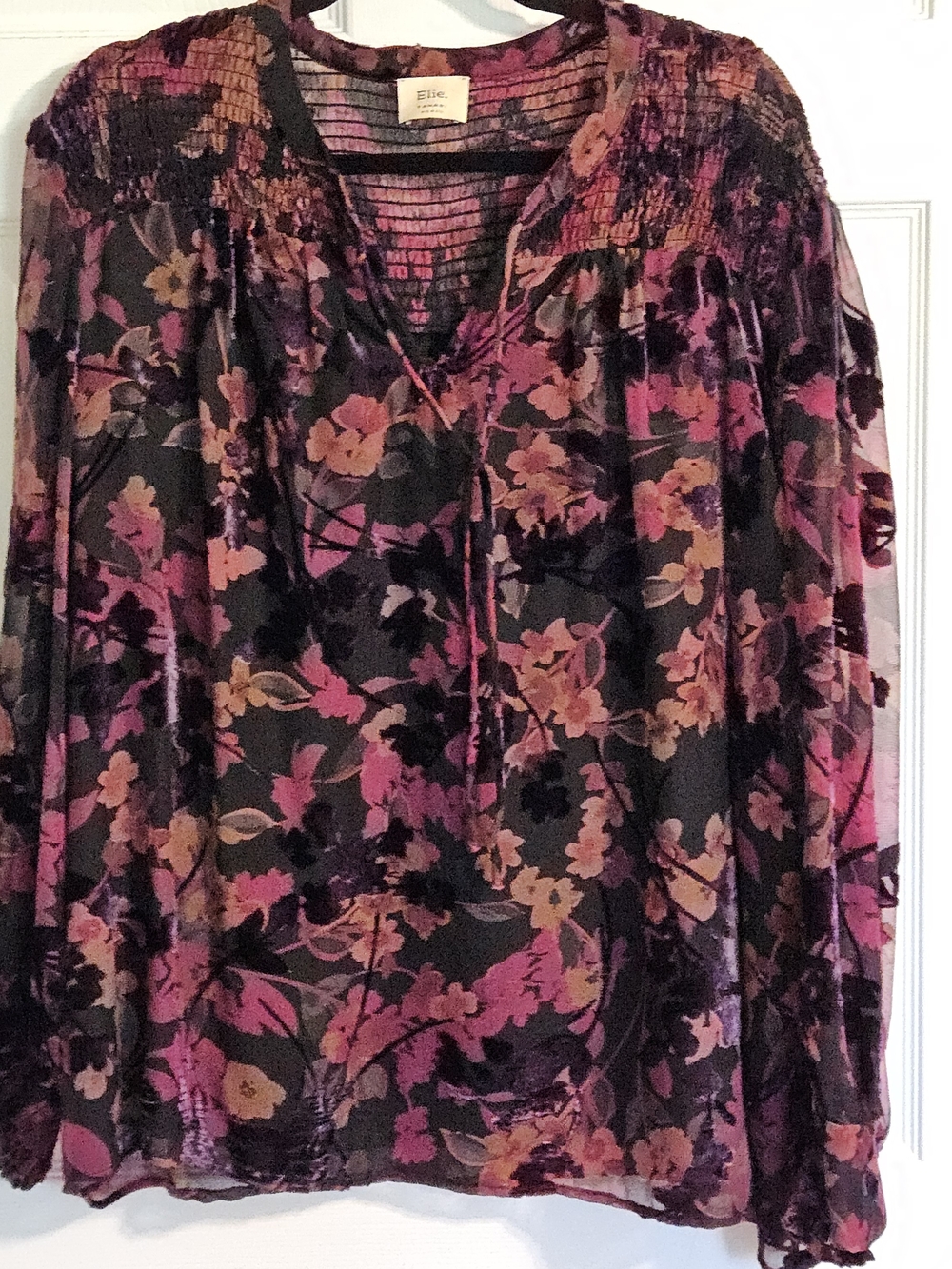 Elie Tahari Floral Velvet Peasant Blouse in Pink & Black